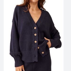 Free People Navy Chunky Knit Button-Up Cardigan